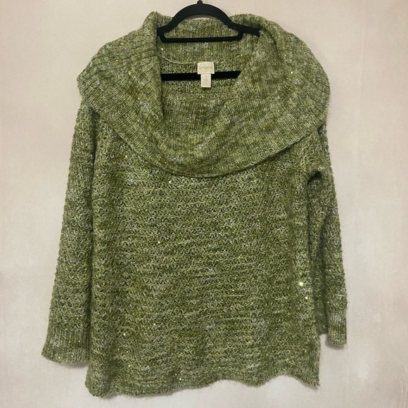Chico's LIKE NEW Space metallic sequin green mohair blend shoulder sweater XL - Picture 3 of 7
